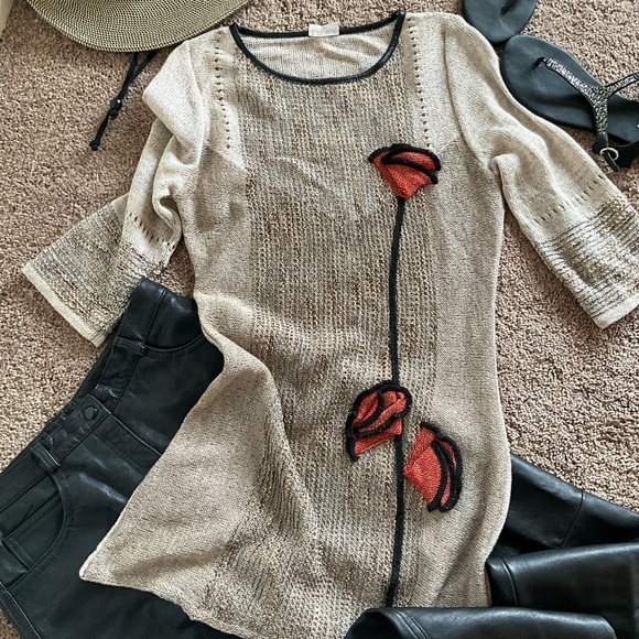 zoja Dresses & Skirts - Zoja Art Knit Sweater Dress Tunic Flower Appliqué Boho